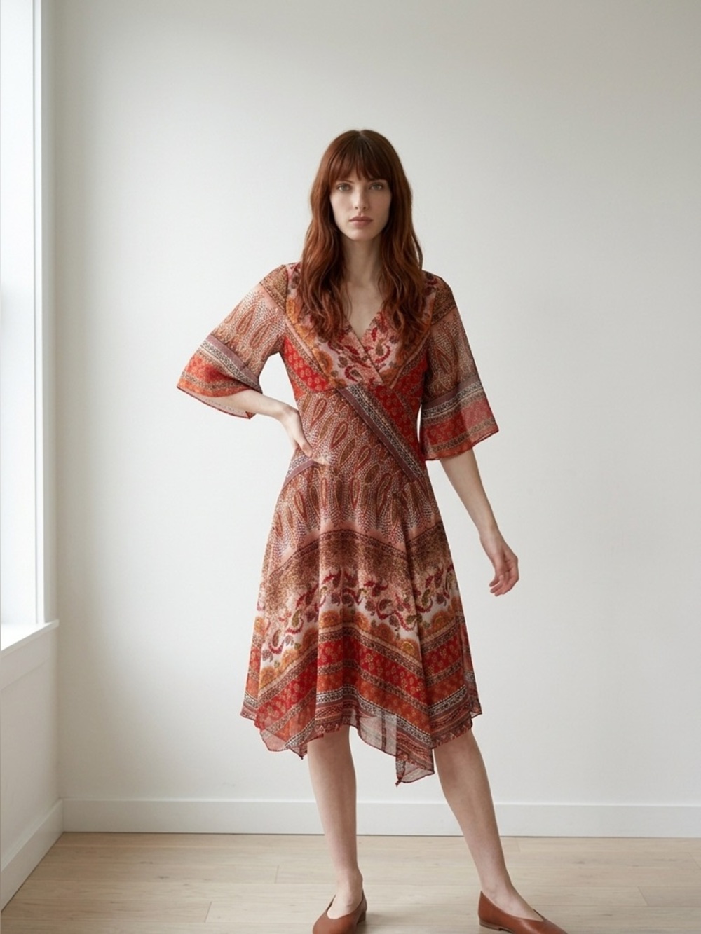 Asymmetrical Red Paisley V-Neck Midi Dress - Picture 2 of 7